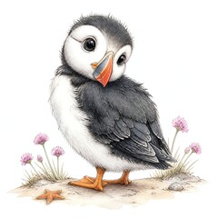 Obraz premium Cute Puffin Chick Peeking Over Shoulder