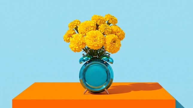 blue alarm clock with bright yellow flowers on orange surface