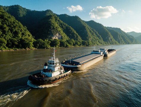 Powerful tugboat pushes heavy cargo barge along wide river. Industrial towboat transports freight through scenic landscape with rich green mountains. Large vessel moves water under sunny sky for