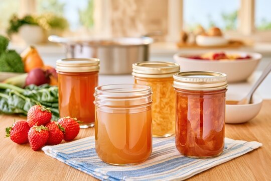 Rustic canning scene with glass jars of homemade jam and fresh strawberries on wooden table