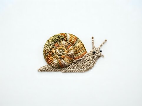Embroidered snail with golden spiral shell on white background