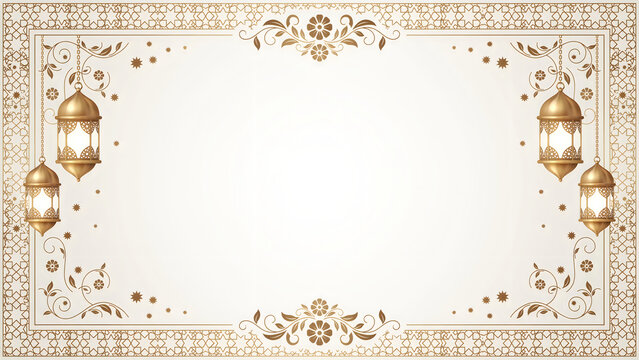 Ramadan kareem background with golden lanterns, islamic floral pattern frame, and decorative ornaments