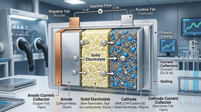 Solid state battery cross section with electrolyte anode cathode layers diagram, electric vehicle charging station, chemical technology and engineering schematic
