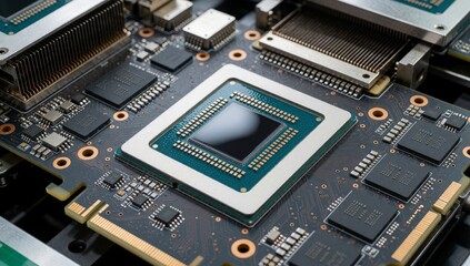 Fototapeta premium Close-up computer motherboard various electronic components main focus large rectangular chip center which app
