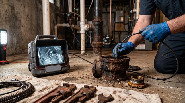 Professional plumber using sewer camera for pipe inspection. Plumber inspecting drain with diagnostic scope. Plumbing repair in basement.