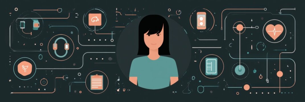 Central female figure shows connection to various digital health tools in a network diagram on a dark background with teal and amber tones.
