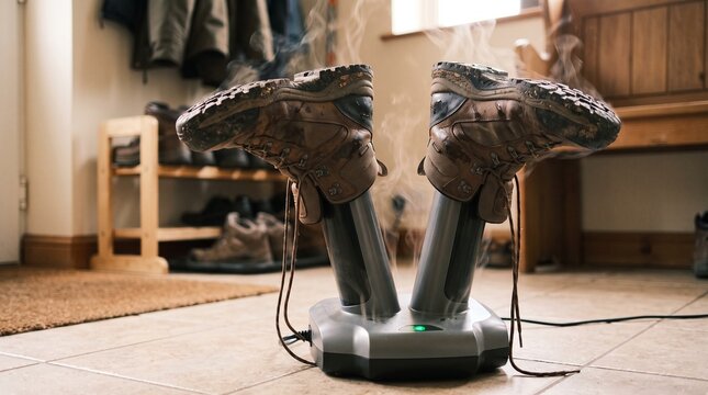 Wet hiking boots drying with steam on electric boot dryer device on hallway floor