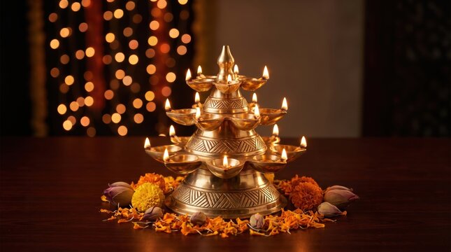 Diwali brass diya oil lamp stand with lit flames and marigold flower decorations for Hindu festival celebration and cultural background image view of