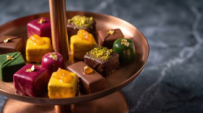Gourmet chocolate truffles and bonbons arranged on a tiered copper serving stand with gold leaf and pistachio toppings for a luxury dessert display