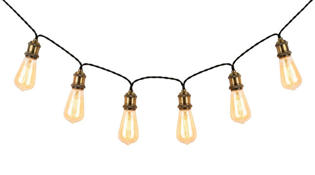 Glowing vintage string lights with edison bulbs and brass sockets isolated on transparent background
