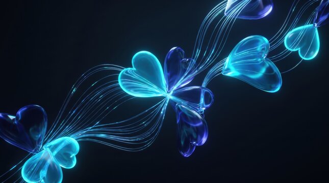 Abstract 3d render of glowing translucent glass hearts connected by bright blue fiber optic light trails on a dark digital background for modern art!