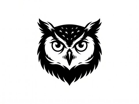 Owl silhouette on white background. Black and white owl head illustration.