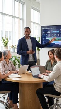 A diverse group of professionals in a modern office setting engage in a dynamic presentation.