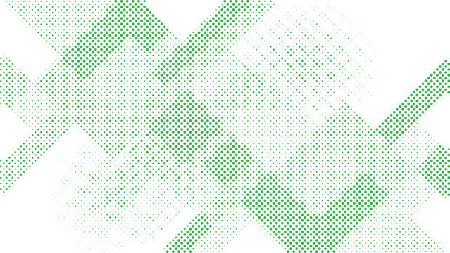 Green halftone abstract wave with layered dotted curves and fading particle density on white modern digital background
