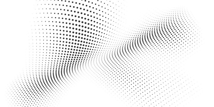 Black halftone flowing wave with curved dotted lines and fading particles on white for futuristic abstract background design
