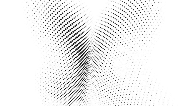Black halftone perspective tunnel wave with dense dotted curves and fading particles on white abstract technology background