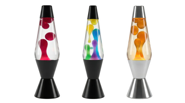 Three colorful lava lamps with different wax colors isolated on transparent background