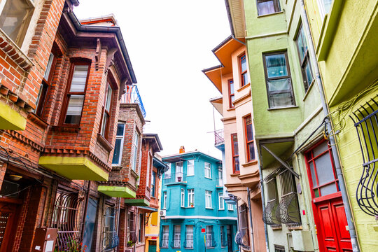 Balat District in Istanbul. Colorful houses in old city Balat. Fatih, Istanbul, Turkey.