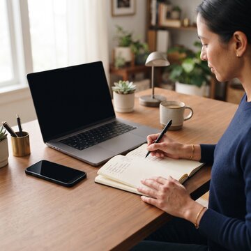 A focused woman diligently takes notes in a journal at a wooden desk, illuminated by natural light streaming through a nearby window, creating a serene and productive atmosphere.
