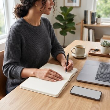 A focused woman diligently takes notes in a journal while working on her laptop at a wooden desk.