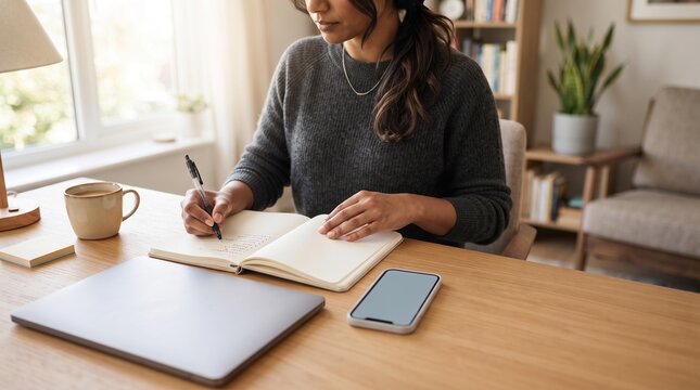 A woman diligently works at her desk, writing in a notebook while a laptop and smartphone rest nearby, symbolizing productivity and focused study.