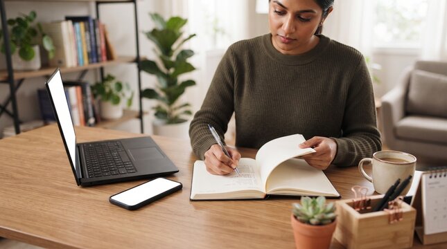 A focused woman diligently takes notes in a journal while working on her laptop at a cozy desk, illuminated by natural light.