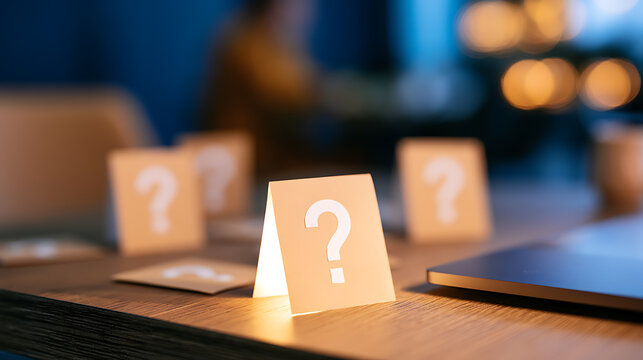 Conceptual image with question marks on a desk, representing inquiry, problem solve, and search for answer