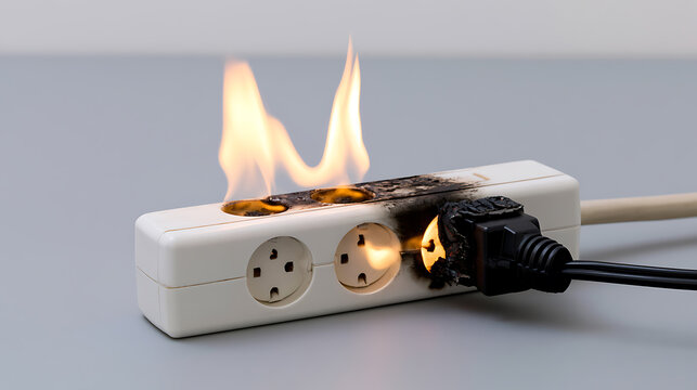 Danger of Overloaded Electrical Circuit: Power Strip on Fire Due to Short Circuit and Faulty Wiring, Home Hazard