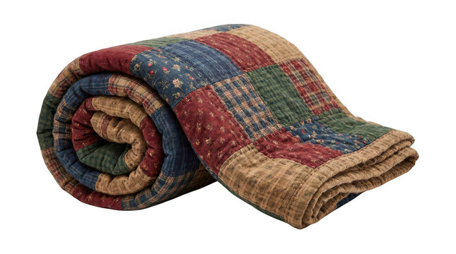 Rolled patchwork quilt with rustic floral and plaid patterns isolated on transparent background