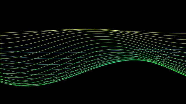 Green and yellow curved lines smooth wave animation. Abstract vector background with neon glow. Dynamic motion graphic with colorful ribbons. Technology, data flow, and sound visualizer concept.