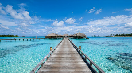 Obraz premium Wooden Walkway Leading to Overwater Bungalows on Turquoise Ocean. Tropical Resort Design, Vacation Concept, Island Getaw