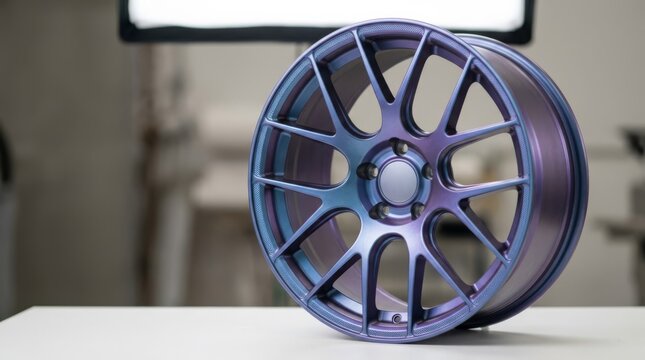 Iridescent chameleon flip-flop coating on a custom alloy wheel with a textured lip, studio product shot.