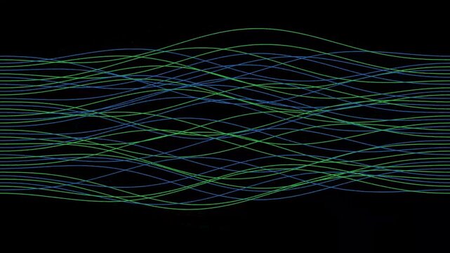 Abstract neon light streaks looped footage, green and blue wave lines on black background, digital data flow motion graphics background, technology and physics visualization