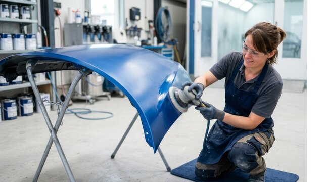 Female auto mechanic sanding a blue car fender in a bright, modern paint shop with soft bokeh, showcasing meticulous detail and professional craftsmanship.