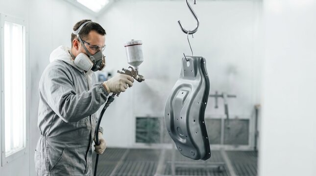 Worker in protective gear spray painting a metal part in a bright, clean industrial spray booth, showcasing manufacturing precision.