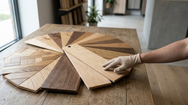 Wood flooring samples fanned out on a table, showing parquet and plank patterns, hand selecting maple for interior design