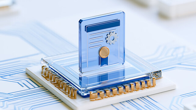 Digital document on microchip symbolize data security, intellectual property, and secure digital certificates on white background
