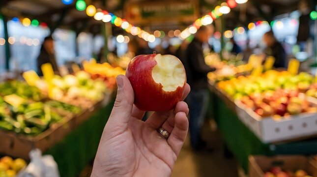 Red apple with bite mark held in hand at farmers market