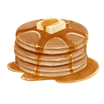 Hand painted pancake stack illustration, gouache style with maple syrup drizzle and butter pat, on transparent background
