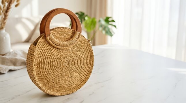 Round raffia straw bag with wooden handles on a marble surface, sunlit interior lifestyle product shot for modern women's accessories, with copy space right.
