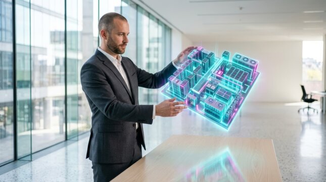 Man with holographic server complex model in modern office, visualizing futuristic AI data center design