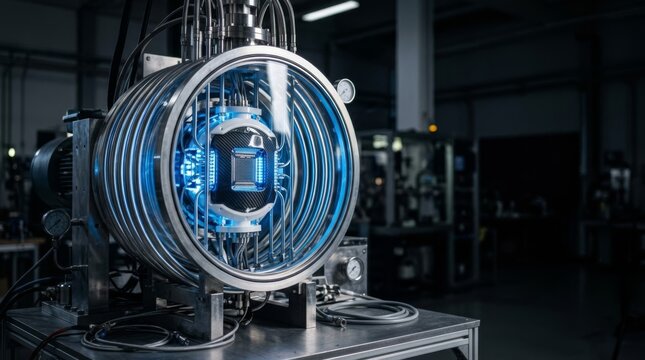 Futuristic quantum processor core glowing blue inside a sterile, high-tech vacuum chamber with cooling rings, representing advanced technology and innovation.