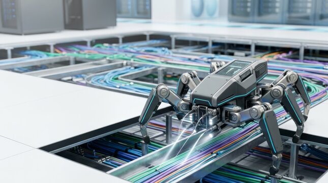Spider robot inspects cables under raised floor in futuristic data center, AI technology for network maintenance