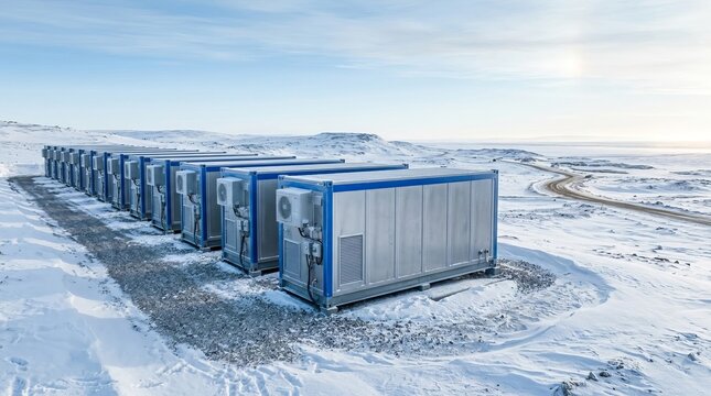 Modular data center containers in Arctic tundra leverage natural cooling for energy efficiency, row of turnkey units with expansive copy space on snow