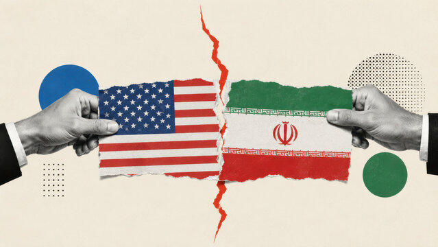 Geopolitical conflict and military tension between united states and iran represented in paper collage style