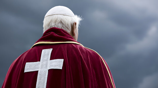Rear View of Religious Figure in Red Vestment with Cross Symbol and White Zucchetto Against Dramatic Sky