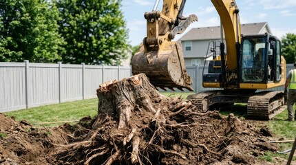 Fototapeta premium Excavator removing large tree stump and roots from backyard, construction project in progress