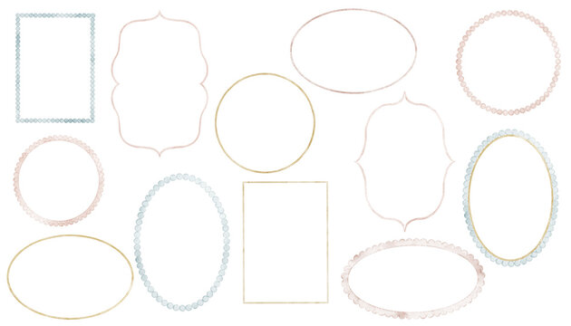Frame watercolor illustrations set. Collection of simple vintage empty borders isolated on background. Decorative templates for wedding invitations, feminine stationery, branding and craft projects.