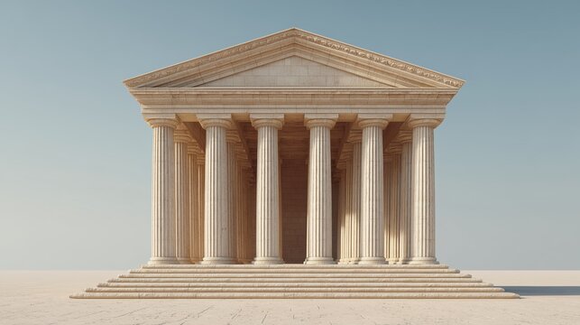 Classical Greek temple architecture. The Temple of Aphrodite.  Temple to the Greek gods. Light stone, high colonnade, clear shadows, blue sky.