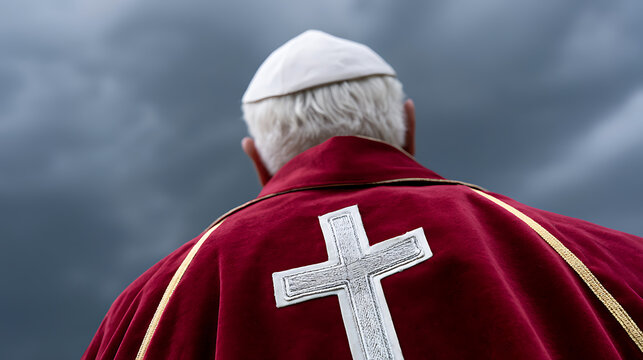 Elderly Man in Religious Attire with Cross Emblem on Back Against Dark, Overcast Sky: A Symbol of Faith and Leadership